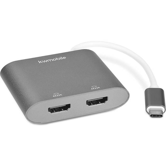 kwmobile USB typ C dubbel HDMI-adapter – 3.1 typ-C displayport till 2x HDMI 4k 30Hz multiport hubb – 2-i-1 skärmdelare aluminiumram i silver