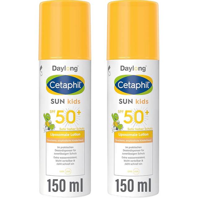 Cetaphil SUN Kids liposomal sollotion SPF 50+, 2 x 150 ml, fuktgivande solskydd i pumpdispenser för känslig babyhud, lättfördelbar solkräm, extra vattenbeständig