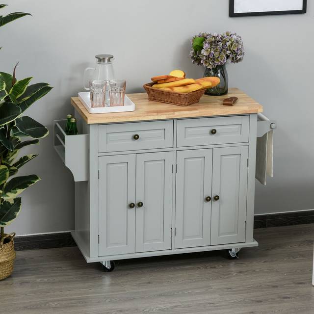 TEMU Rolling Kitchen Island Storage Trolley With Rubber Wood Top & Drawers For Dining Room