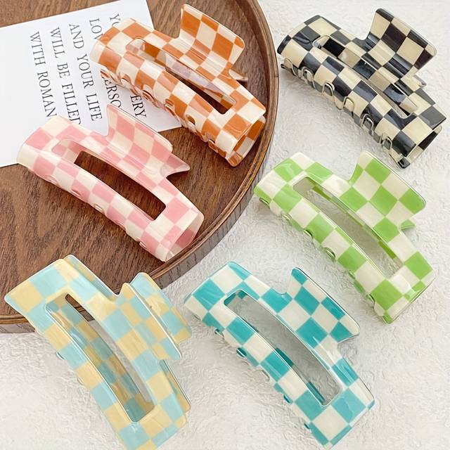 TEMU 6pcs Of Women's Hair Clip Checkerboard Square Hair Clip Sweet Dopamine Hair Accessory Suitable For Vacation, Leisure, Daily Commuting, Thanksgiving