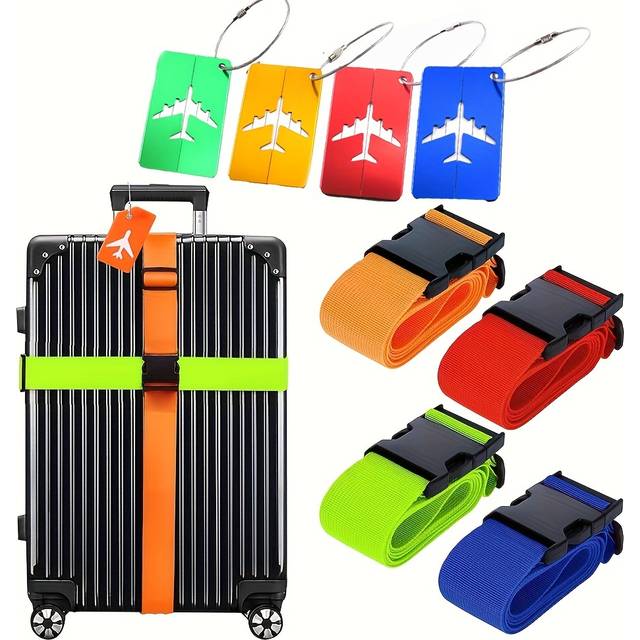 TEMU 8pcs Set - 4 Polypropylene Luggage Straps With Anti-theft Snap Closure & 4 Luggage Tags - Easy Clean, Ideal For Travel, Sports, Vacation