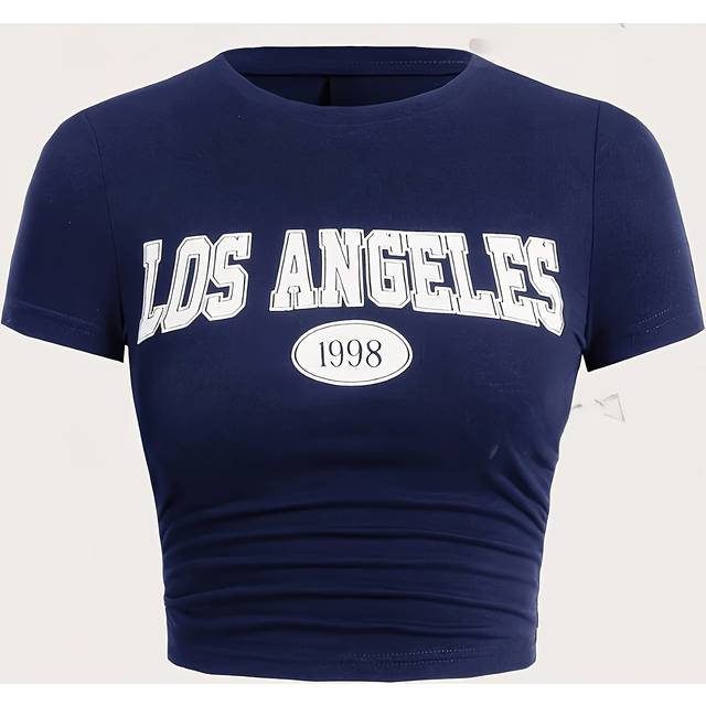 TEMU Letter Print Crew Neck Crop T-shirt, Y2k Short Sleeve Top For , Women's Clothing