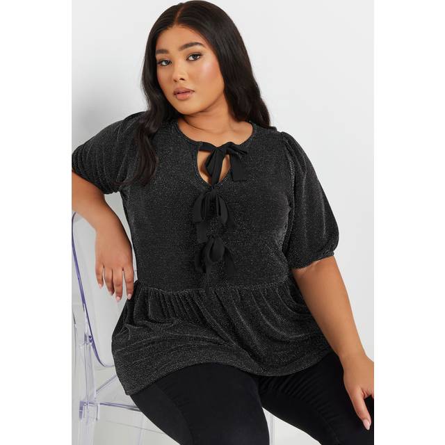 Yours Curve Black Metallic Bow Front Peplum Top, Women's Curve & Plus Size, Yours - 22-24