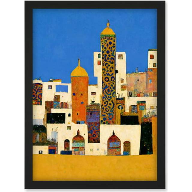 Moroccan Cityscape Buildings Klimt Style Bold Artwork Framed Wall Art Print A4 - Black - One Size