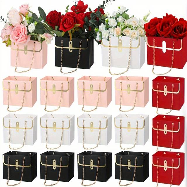 TEMU 8/16pcs, Paper Flower Gift Bags With Handles, Rectangular Metal Chain Tote Bags, Suitable For Florists' Weddings Parties Birthdays, Pink/red/white/black, 4pcs Per Color, 2pcs Per Color