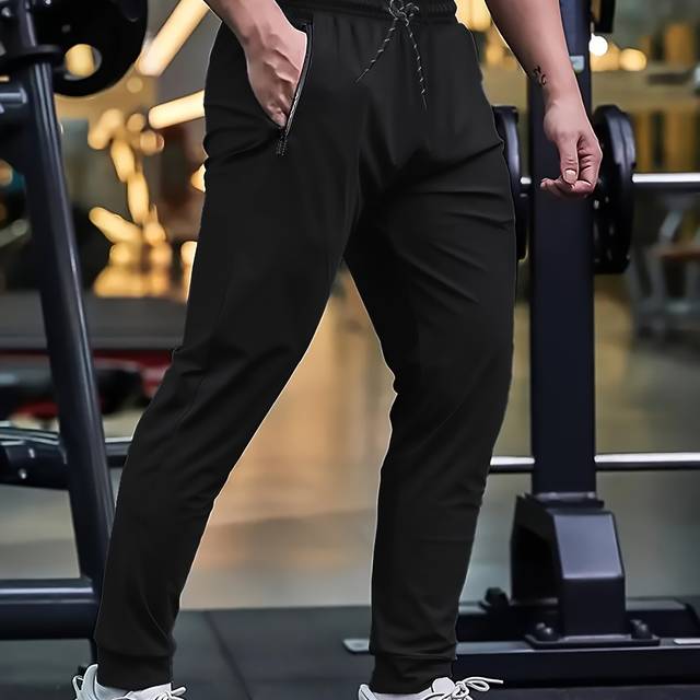 TEMU Men's Casual Joggers - Fashionable Tapered Sports Pants, Comfortable Running Trousers, Polyester , Solid Color, Zip Detail, Machine Washable For Spring/fall, Autumn, Basic, Zipper