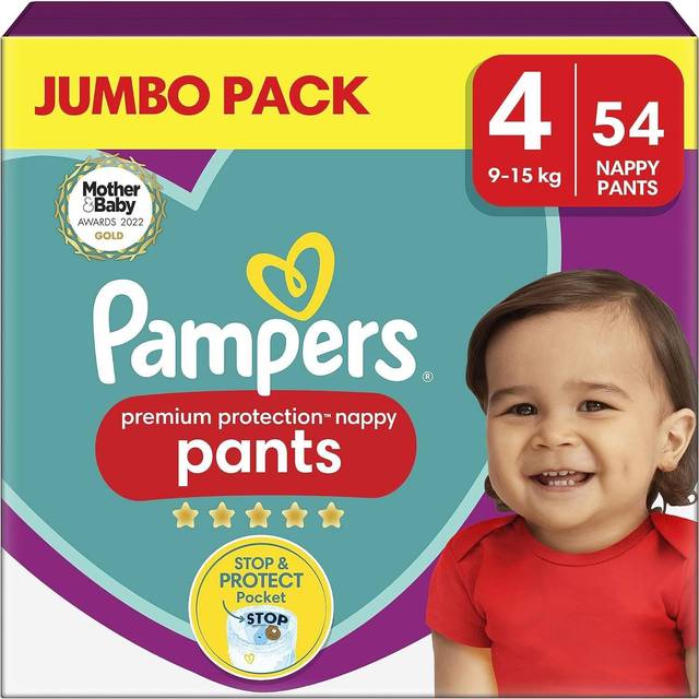 Pampers Premium Protection Nappy Pants Size 4, 54 Nappies, 9kg-15kg, Jumbo+ Pack