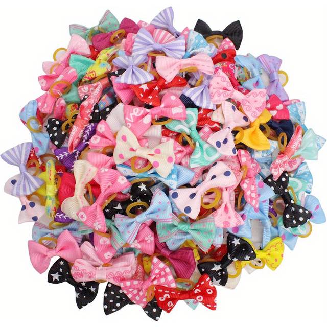TEMU 50pcs Assorted Hair Bows With Bands - Vibrant & Stylish Pet Grooming Accessories, Small , Featuring , Stars & Hearts Patterns, Dog Hair Accessories