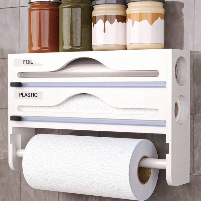 SHEIN 1pc Bamboo Plastic Wrap Dispenser, Aluminum Foil Dispenser With Paper Towel Holder Foil And Plastic Wrap Organizer, Suitable For Kitchen