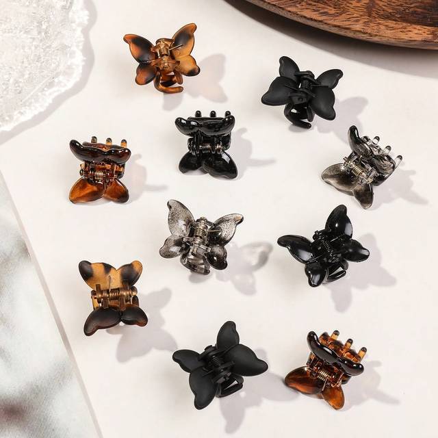 SHEIN 10pcs/Set Mini Amber-Tone Butterfly Hair Clips, Cute Simple Bangs Hair Accessories Hair Claws Claw Clips Hair Jaw Clip Hair Clamps Hair Clutch Hair Ca