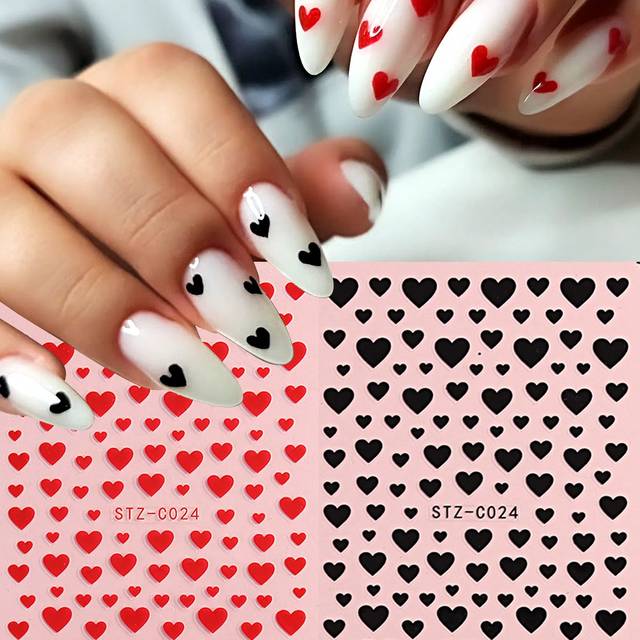 SHEIN 2 Packs Heart Nail Stickers, Black Red Cute Heart Shape Valentine&#39;s Day Romantic Nail Art Decoration Self-Adhesive Nail Art Decals Nail Salon DIY