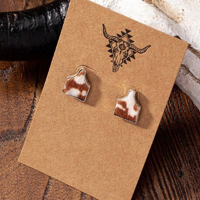 SHEIN 1 Pair Western Style Cow Cattle Tag Shape Cowhide Leather Stud Earring Blue Turquoise Jewelry