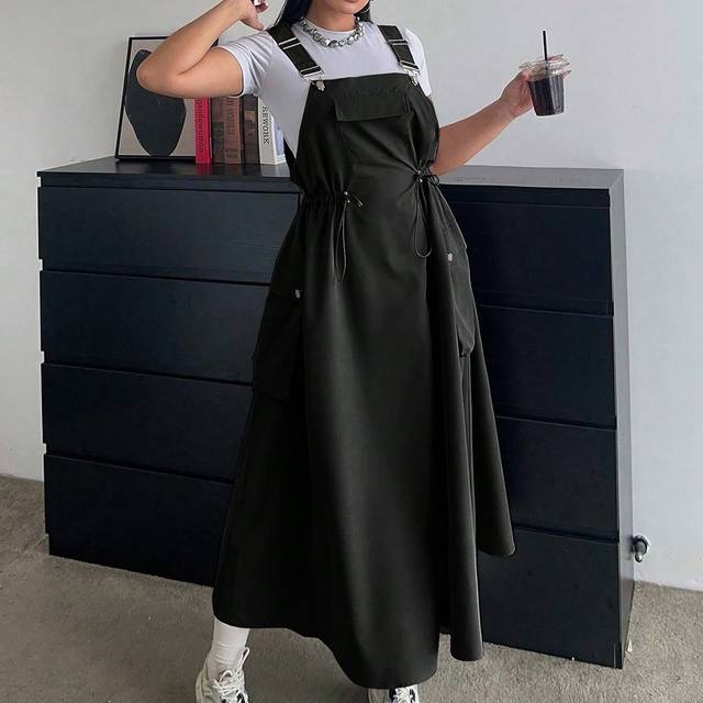 POPSWAY New Autumn Outdoor Versatile Waist Cinching Midi Dungaree Dress Maxi Women Outfit