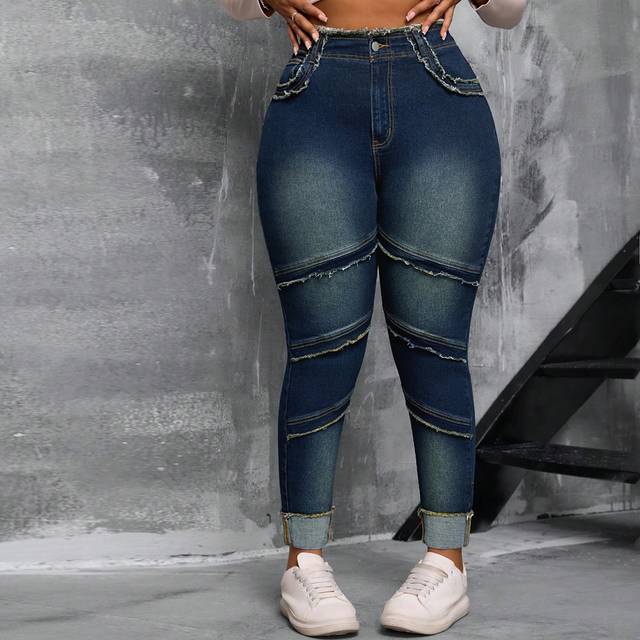 SHEIN Plus Size Women Vintage High Waisted Distressed Edge Elastic Denim Jeggings
