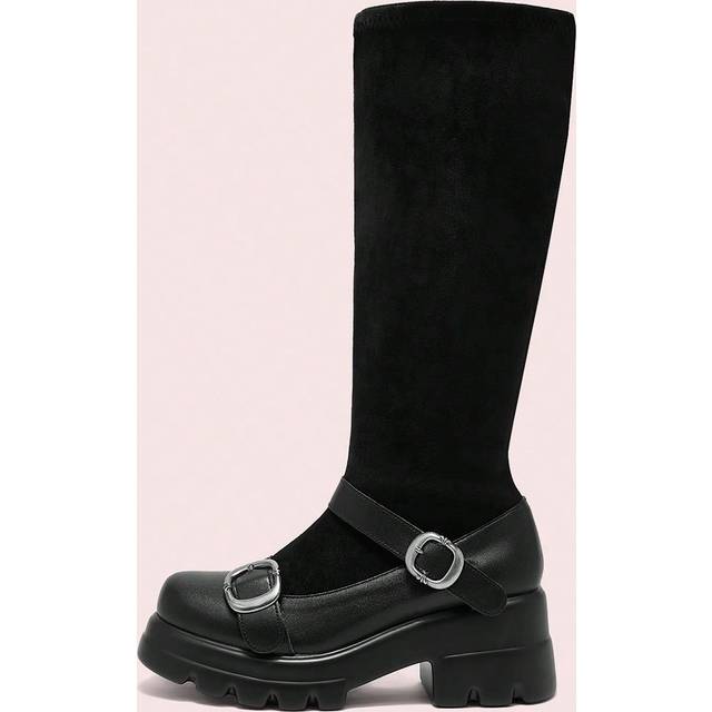 Cuccoo Women Round Toe Platform Block Heel Black Suede Pu Patchwork Slip-On Knee High Boots