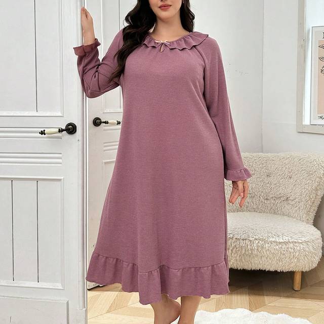 SHEIN Plus Size Ruffled Peter Pan Collar Loose Long Sleeve Nightgown