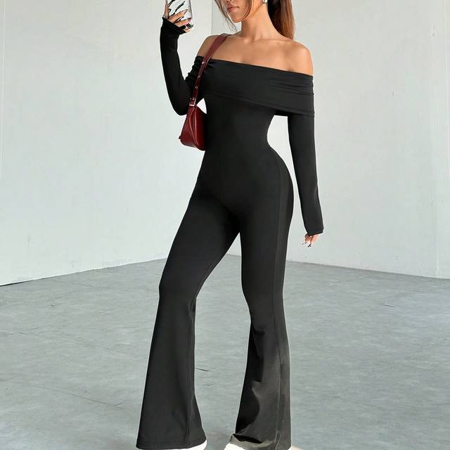 SHEIN Women Solid Color Off Shoulder Long Sleeve Casual Turndown Collar Flared Jumpsuit