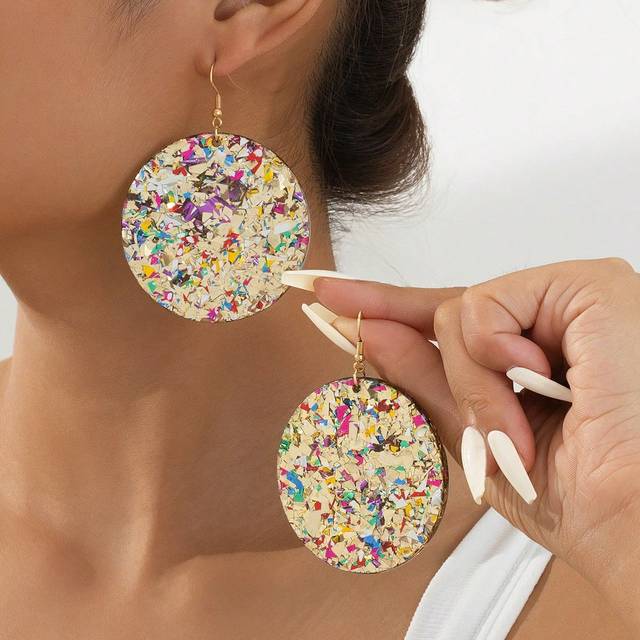 SHEIN 1 Pair Retro Geometric Round Multicolor Sequin Dangle Earrings, Suitable For Women, Holiday/Party Gift