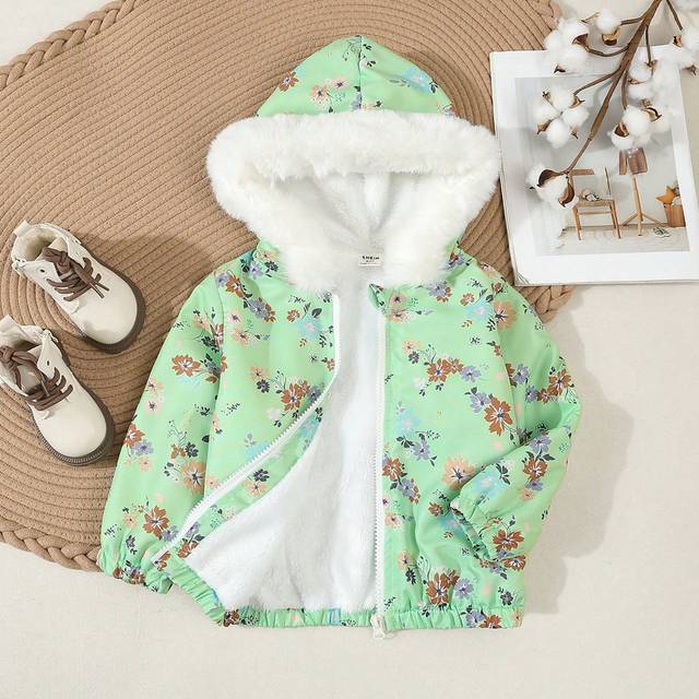 SHEIN Toddler Girls&#39; Warm Flower Printed Hooded Jacket, Thick Plush Lined Coat For Outdoor, Autumn/Winter