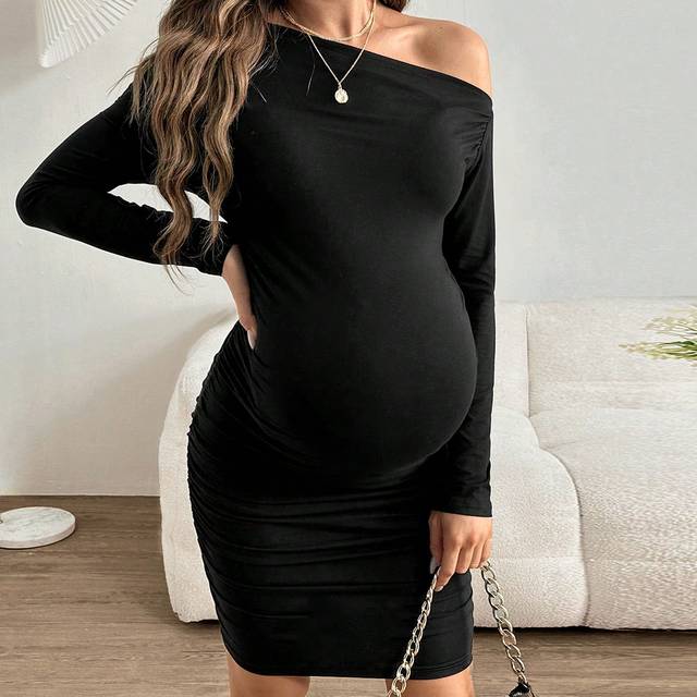 SHEIN Women&#39;s New Autumn Asymmetric Shoulder Pleated Black Mini Long Sleeve Dress, Slim Fit Maternity