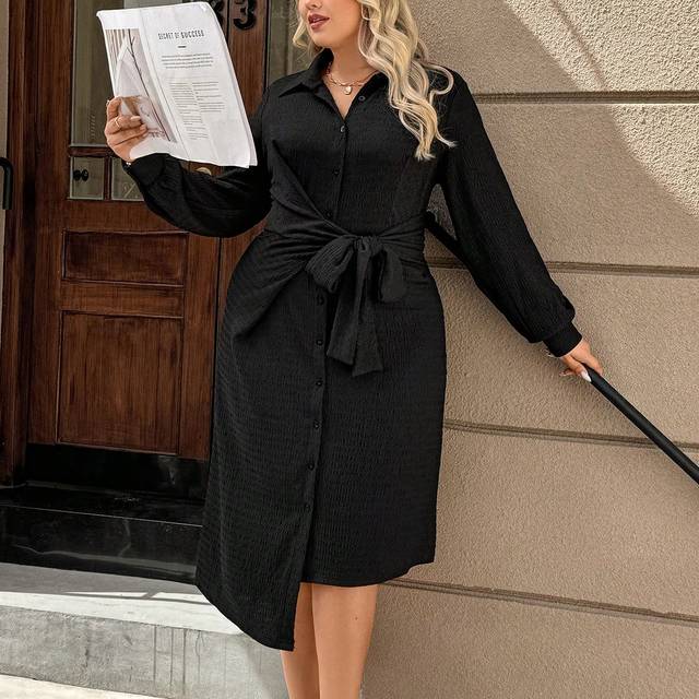 SHEIN Plus Size Black Waist Pleated Side Tie Shirt Dress, Elegant Versatile Elegant Cardigan Button Down Dress