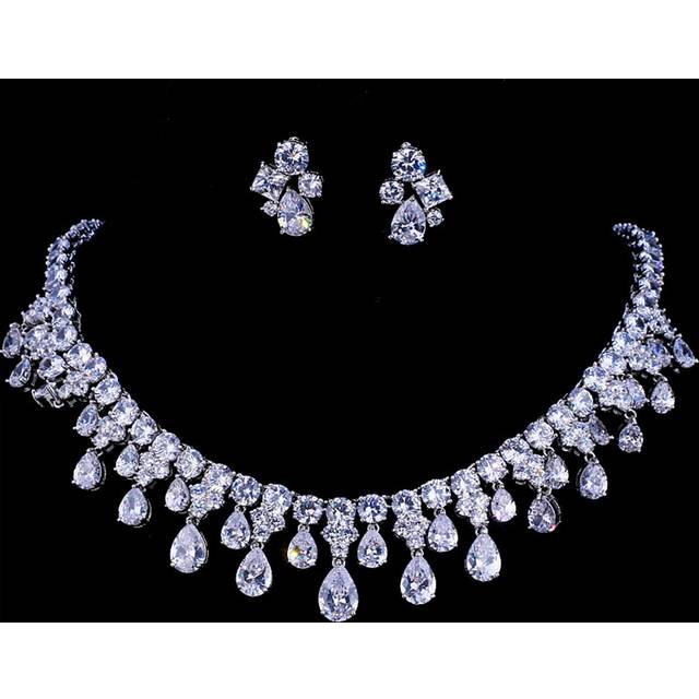 SHEIN 2 Pieces   White Gold Color Cubic Zirconia Bridal Wedding Necklace And Earring Sets Party Gift