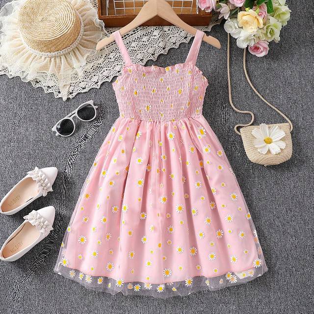 SHEIN Tween Girls&#39; Daisy Print Ruffle Trim Spaghetti Strap Dress