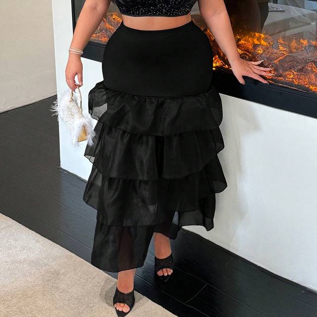 SHEIN Plus Size Elegant Solid Color Multi-Layered Ruffle Hem Skirt,Suitable For Daily Wear, Dates,Prom, Parties, New Year Gatherings, Banquets,Cocktail, Ele