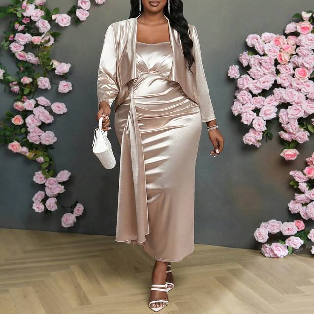 Slaydiva Plus Size Elegant Party Sleeveless Asymmetrical Dress + Champagne Color Open-Front 3/4 Sleeve Cardigan - 2 Pieces Set