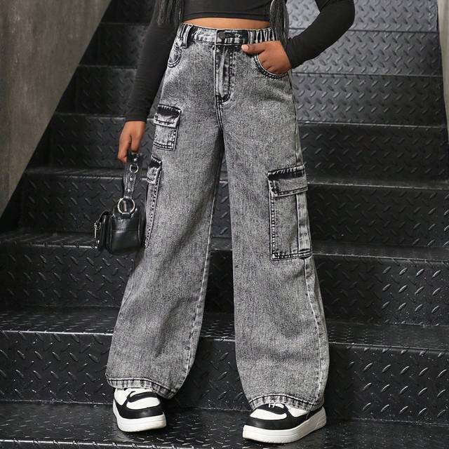 SHEIN Tween Girl All-Match Y2K Fashion Casual Stone Washed High Waist Flap Pockets Loose Comfortable Grey & Black Wash Denim Jeans