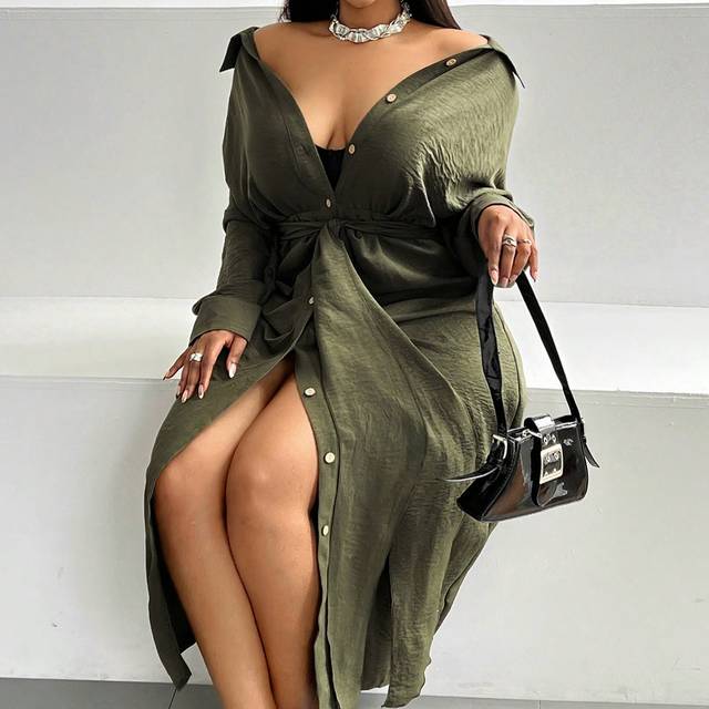 Maweii Plus Size Solid Color Button Front Long Sleeve Casual Dress Maxi Women Outfit