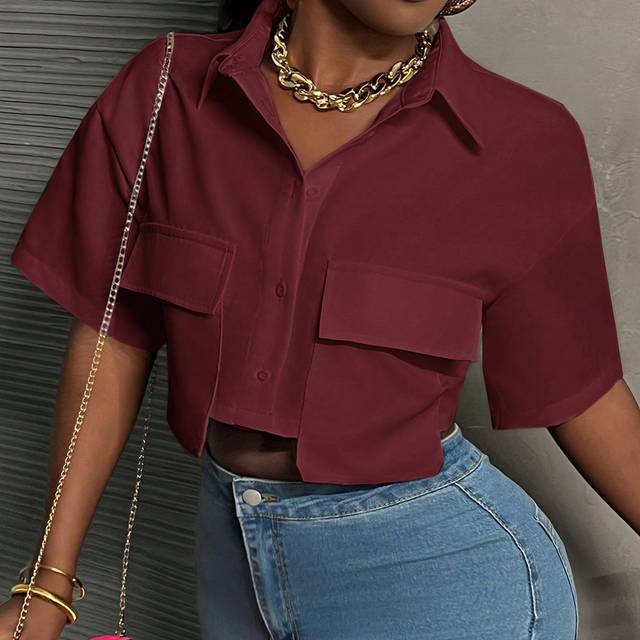 Slaydiva Casual Streetwear White Polo Collar Pocket Cropped Utility Blouse Short Sleeve Top For Women - A