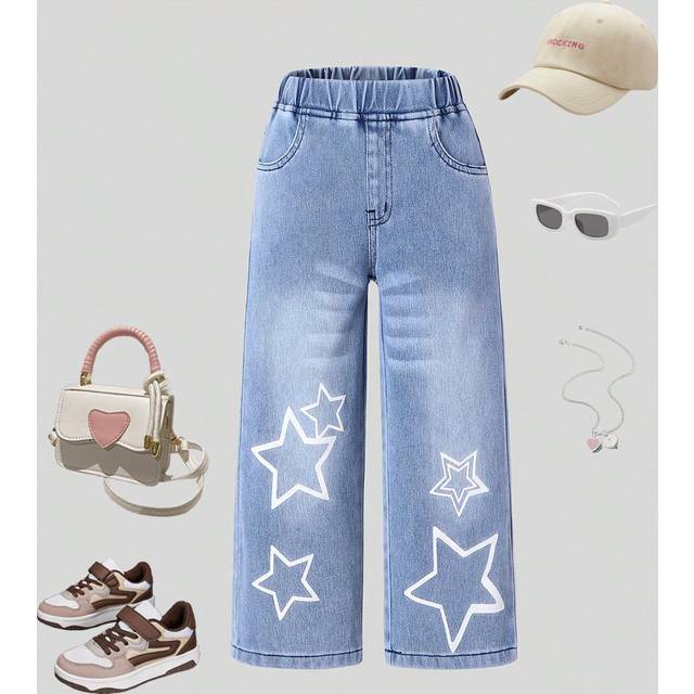 SHEIN Girls&#39; Vintage Casual Elastic Waist Loose Comfortable Soft Knitted Denim Wide Leg Pants With Stars Print