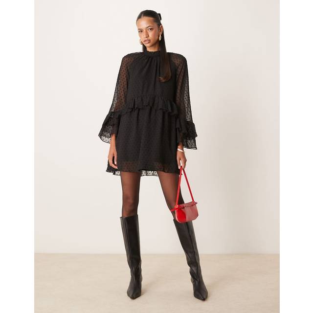 New Look Women's Black Polka Dot Chiffon Ruffle Long Sleeve Mini Dress - UK 16