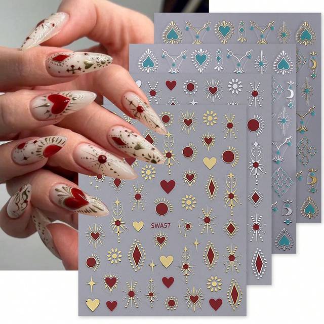 SHEIN 4 PCS Red Blue Sun Star Nail Art Stickers Bronzing Golden Silvery Y2K Totem 3D Self-Adhesive Decals Nail Art Designs DIY Sliders Nail Supplies For Wom