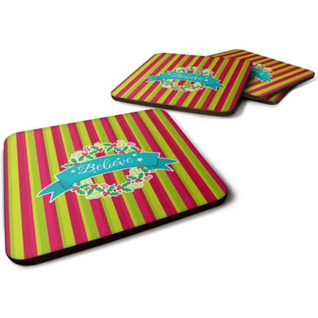 """""Caroline's Treasures Christmas Wreath Believe Foam Coaster Set of 4  3.5  Multicolor"""""