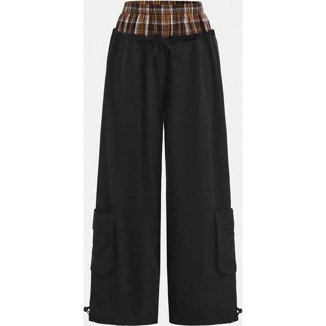 SHEIN Loose Fit Casual Contrast Plaid Pattern Cargo Pants For Teen Girls