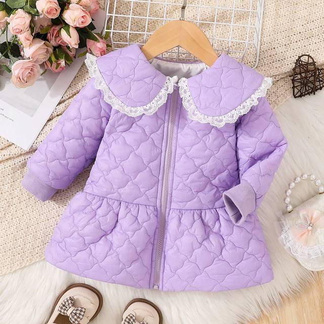 SHEIN Baby Girl Statement Collar Lace Trim Zip Up Ruffle Hem Dress