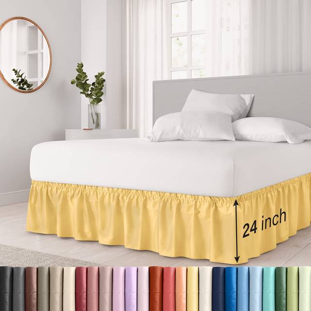 Wrap Around Dust Ruffle Bed Skirt - Yellow - for Twin Size Beds with 24 Inch Drop - Easy Fit Elastic Strap - Adjustable Pleated Bedskirt w/Brushed Fab