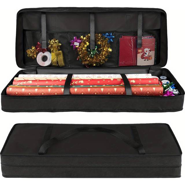 TEMU Christmas Wrapping Paper Organizer - Underbed Storage Container With Interior Pockets, Holds 24 Rolls, 600d Oxford Fabric, Fits Ribbon & Ornaments, , Nylon, Black, <3.2 Cu Ft, <27" Height