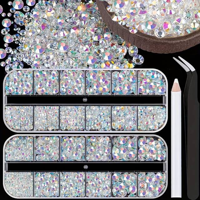 TEMU 3500pcs Resin Rhinestones Kits, 2/3/4/5/6mm Flatback Jelly Rhinestones, 2 Box Transparent Ab Non Hotfix Synthetic Gemstones For Diy Crafts Mugs Bottles Tumblers Clothes Makeup Nail Manicure