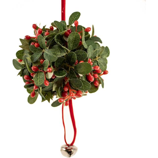 Kurt Adler 4.75 Inch Mistletoe Ball Ornament with Red Ribbon and Silver Bell