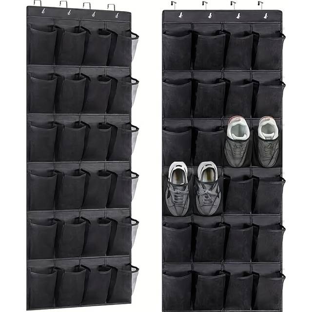 TEMU 24-pocket Over-door Shoe Organizer With Breathable Mesh Pockets, To 40 Lbs, Wall-mounted For Shoes And Accessories, Black Fabric Storage Rack For Home Organization, Shoe Storage Organizer
