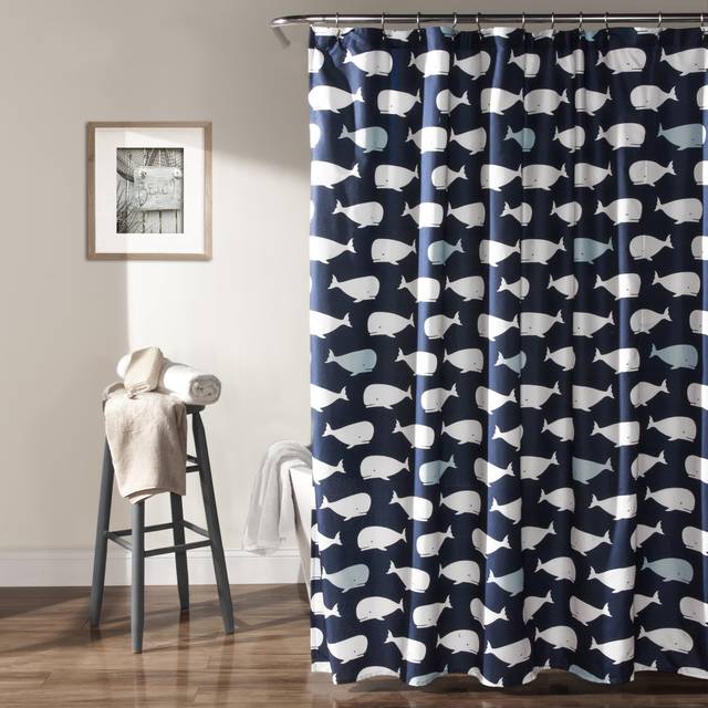 Lush Decor Whale Shower Curtain  Fabric Ocean Fish Animal Print Design for Kids  72 x 72  Navy