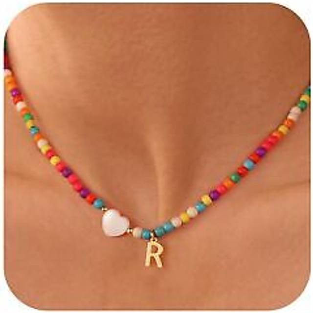 Ursteel Gold Initial Necklaces for Women - Beaded Choker Necklace for Women  Handmade Letter R Choker Necklace Jewelry for Women Gifts