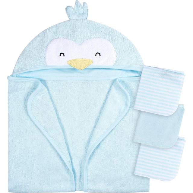 Gerber Baby 4 Piece Animal Character Hooded Towel and Washcloth Set  Blue Penguin  One Size