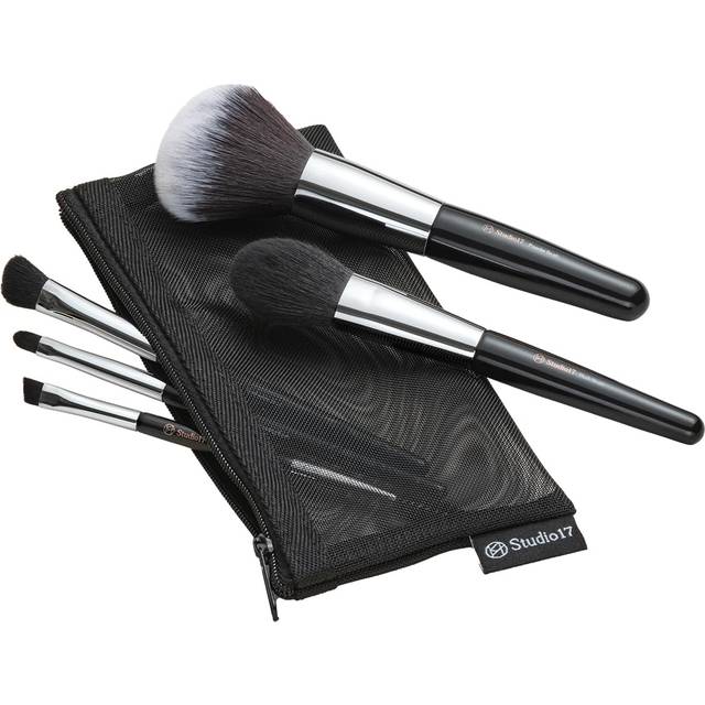 STUDIO17 Travel Makeup Brush Set 5 Pcs| Essential Face & Eye Makeup Brush Set | Portable Makeup Brush Set for Travel | Makeup Pouch & Brush Cover Incl