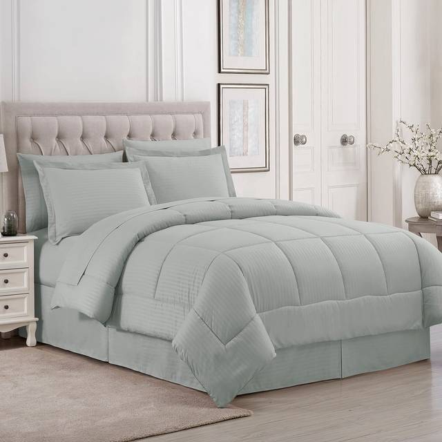 Queen Comforter Set 8 Piece Bed in a Bag with Bed Skirt  Fitted Sheet  Flat Sheet  2 Pillowcases  2 Pillow Shams  Queen  Dobby Silver