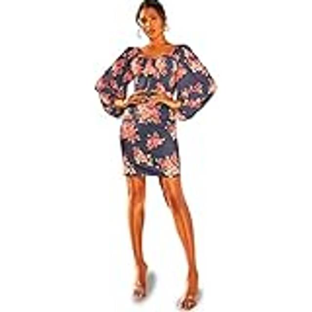 Balloon Sleeve Floral Bodycon Mini Dress in Navy - 8