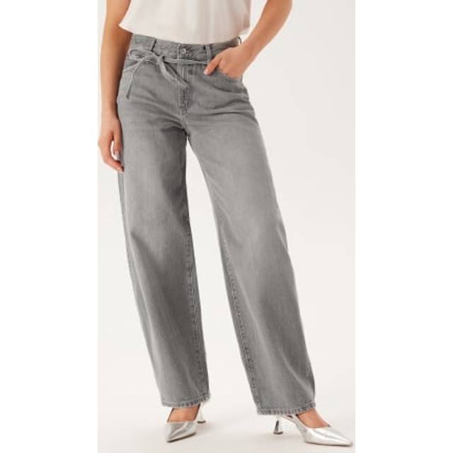 ONLY – Gianna – Grå, tvättade, baggy jeans med medelhög midja och knytning i midjan-Grå/a